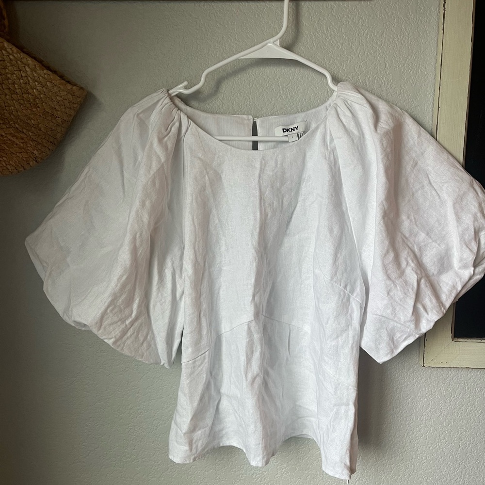 DKNY Puff Sleeve Viscose Linen Top